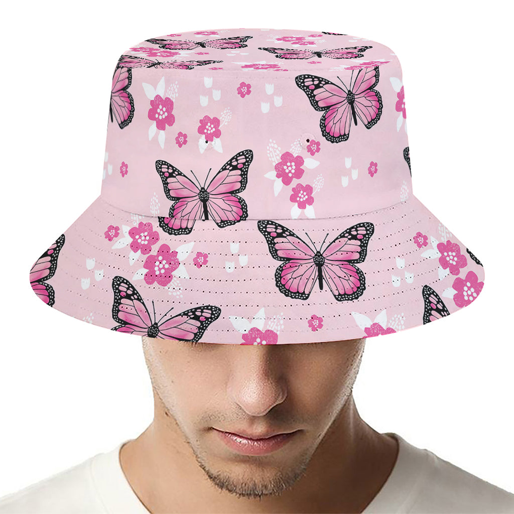 Pink Monarch Butterfly Pattern Print Bucket Hat