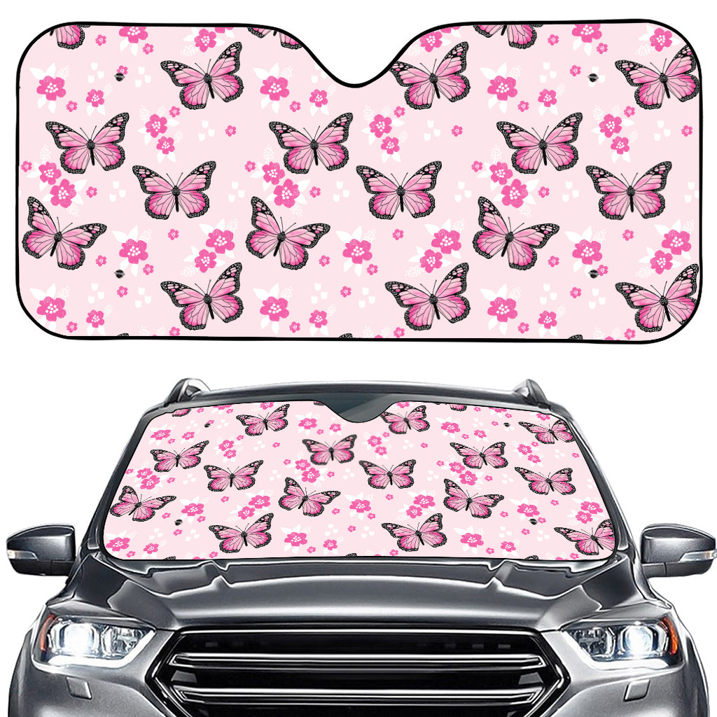 Pink Monarch Butterfly Pattern Print Car Windshield Sun Shade