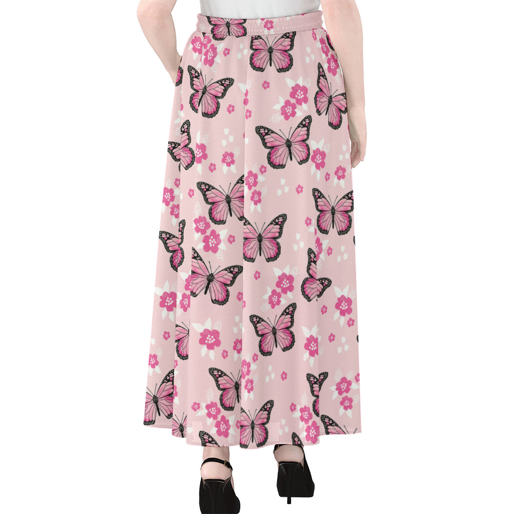 Pink Monarch Butterfly Pattern Print Chiffon Maxi Skirt