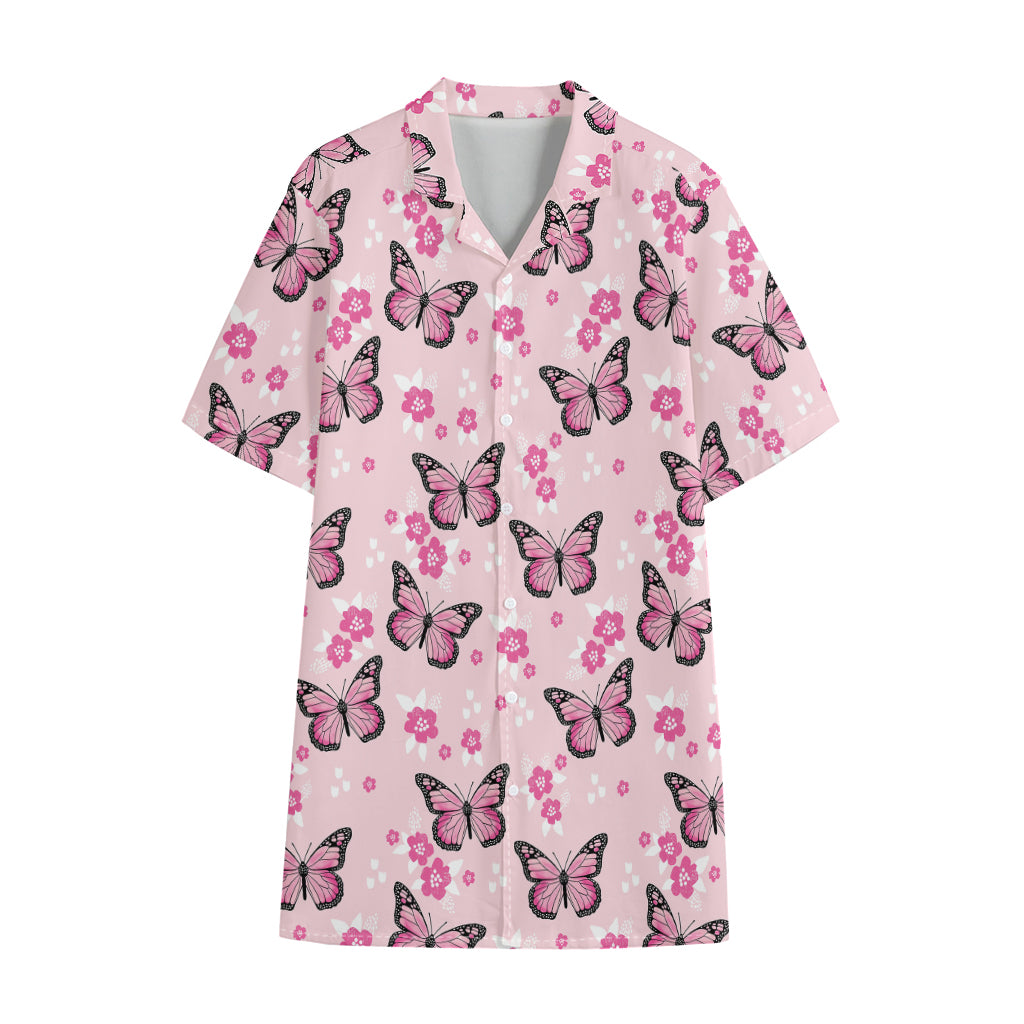Pink Monarch Butterfly Pattern Print Cotton Hawaiian Shirt