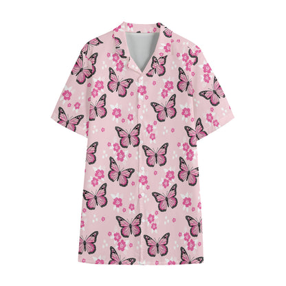 Pink Monarch Butterfly Pattern Print Cotton Hawaiian Shirt