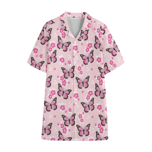 Pink Monarch Butterfly Pattern Print Cotton Hawaiian Shirt