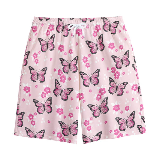Pink Monarch Butterfly Pattern Print Cotton Shorts