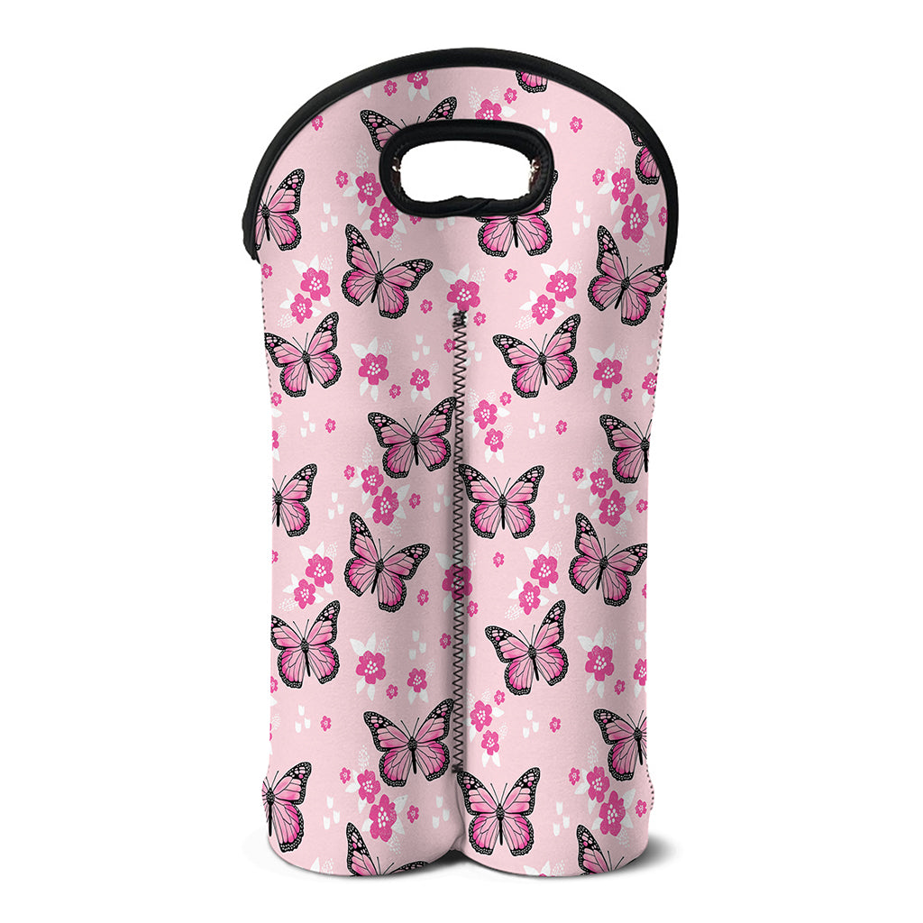 Pink Monarch Butterfly Pattern Print Double Neoprene Wine Tote