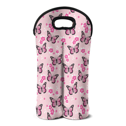 Pink Monarch Butterfly Pattern Print Double Neoprene Wine Tote