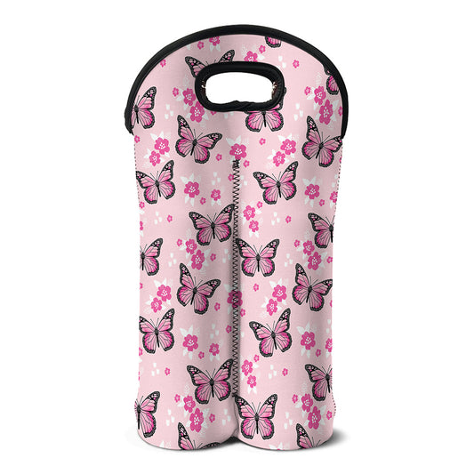 Pink Monarch Butterfly Pattern Print Double Neoprene Wine Tote