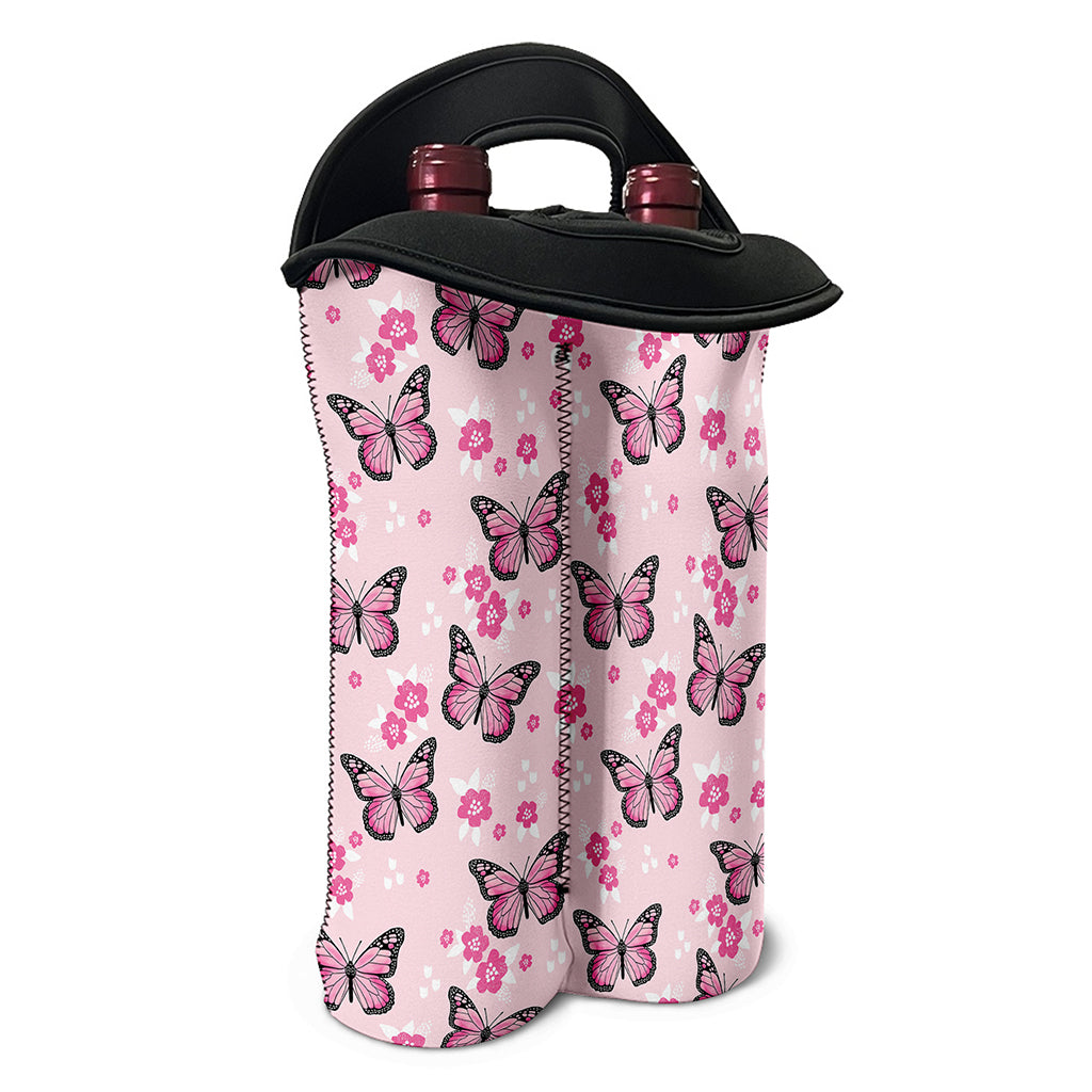 Pink Monarch Butterfly Pattern Print Double Neoprene Wine Tote