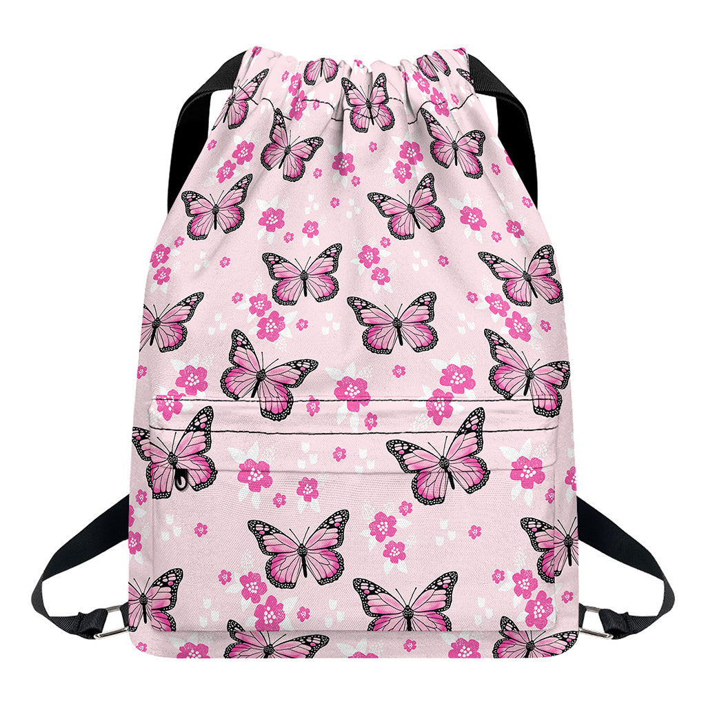 Pink Monarch Butterfly Pattern Print Drawstring Backpack