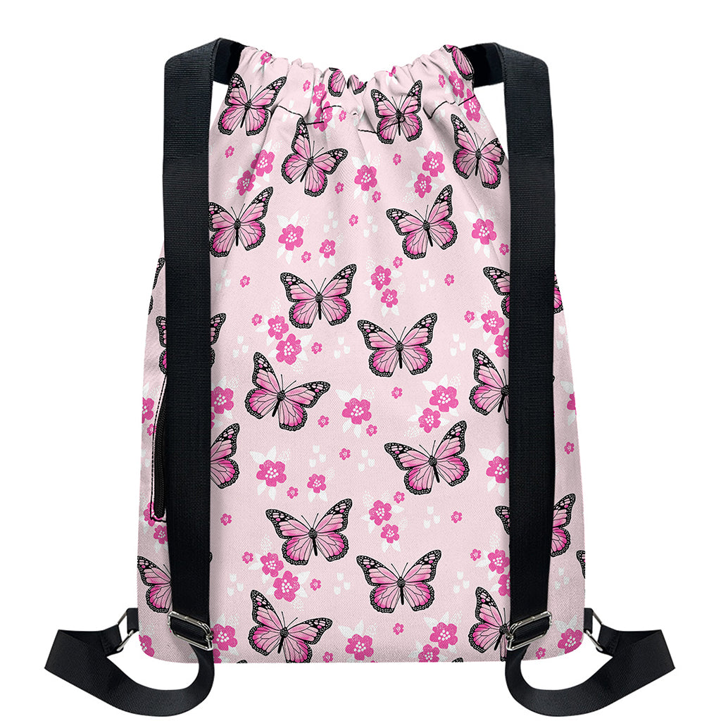Pink Monarch Butterfly Pattern Print Drawstring Backpack