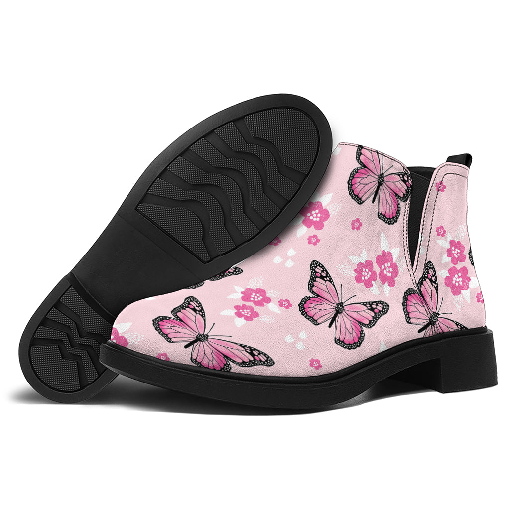 Pink Monarch Butterfly Pattern Print Flat Ankle Boots