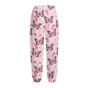 Pink Monarch Butterfly Pattern Print Fleece Lined Knit Pants