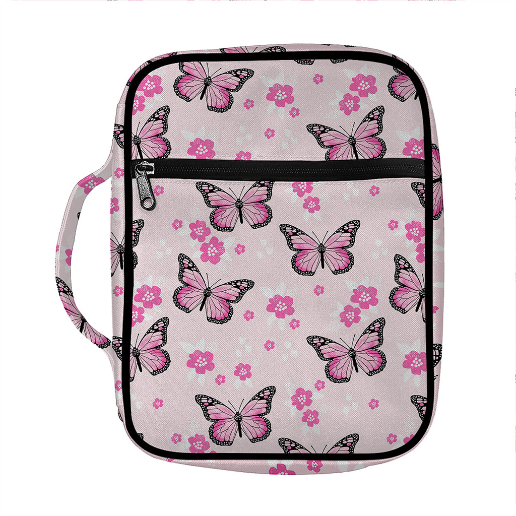 Pink Monarch Butterfly Pattern Print Front Pocket Bible Bag