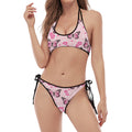 Pink Monarch Butterfly Pattern Print Halter Scoop Tie Side Bikini