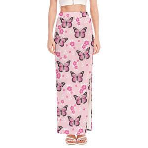 Pink Monarch Butterfly Pattern Print High Slit Maxi Skirt