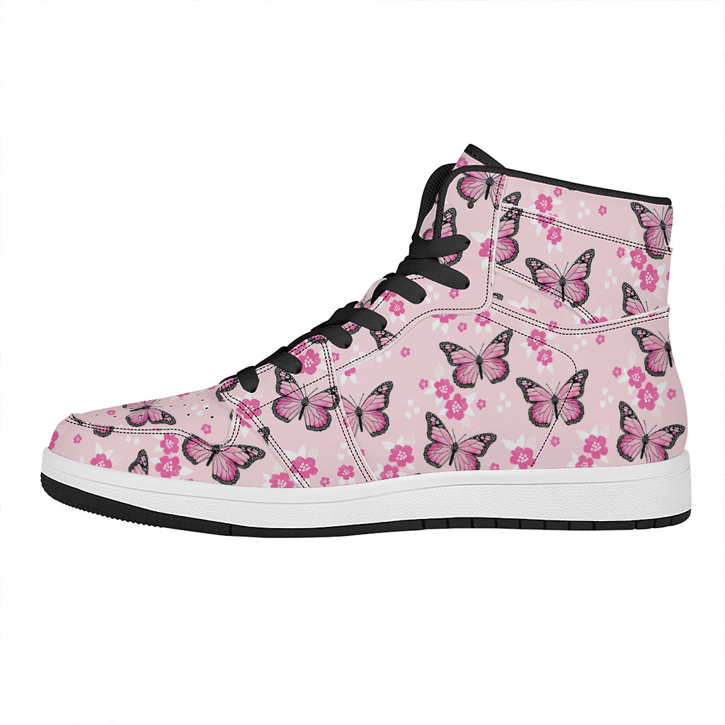 Pink Monarch Butterfly Pattern Print High Top Leather Sneakers