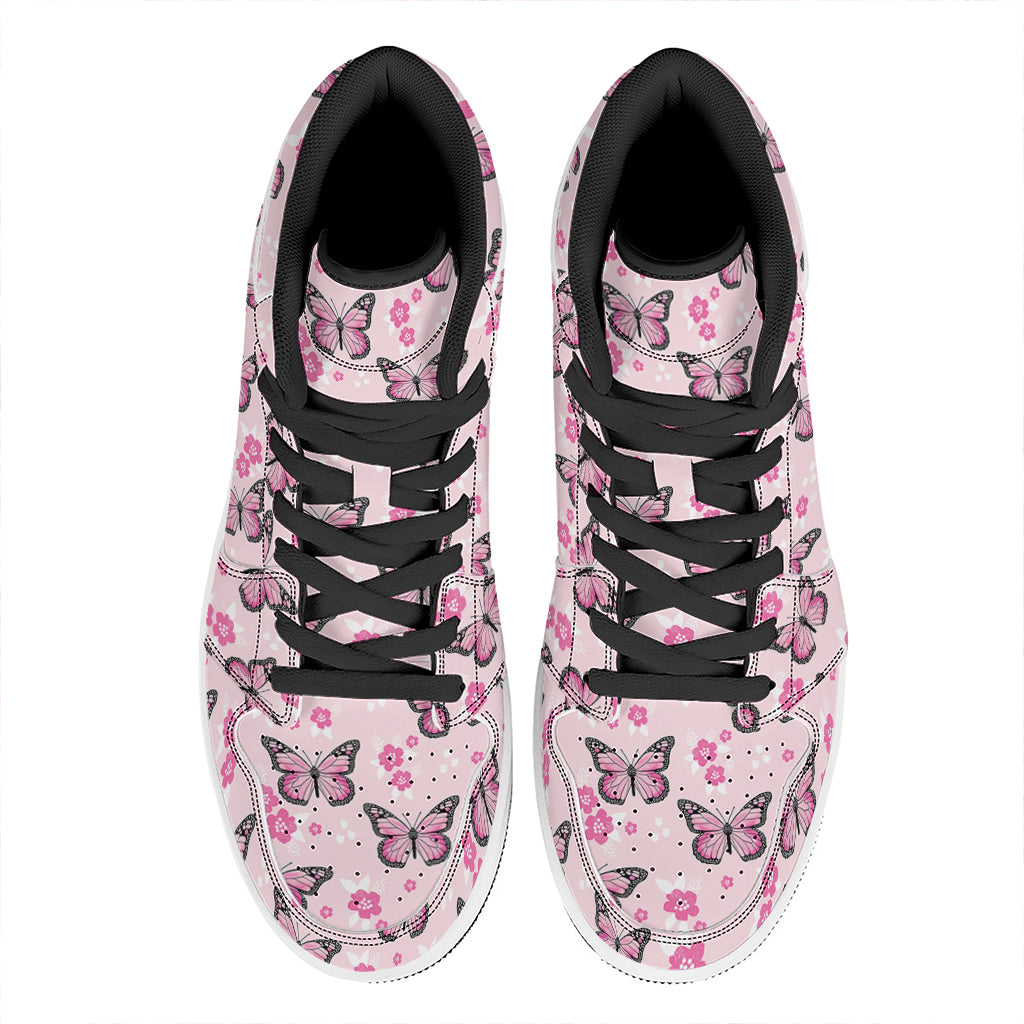 Pink Monarch Butterfly Pattern Print High Top Leather Sneakers
