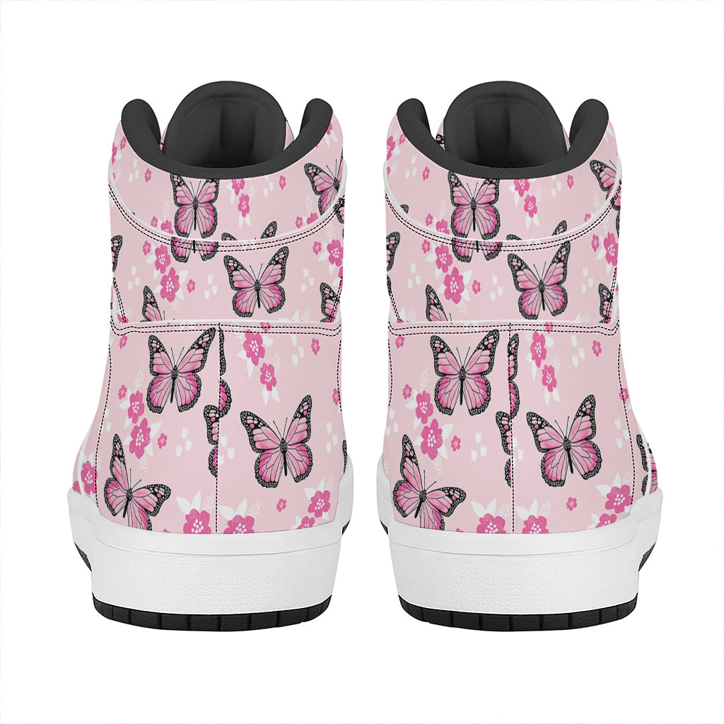 Pink Monarch Butterfly Pattern Print High Top Leather Sneakers