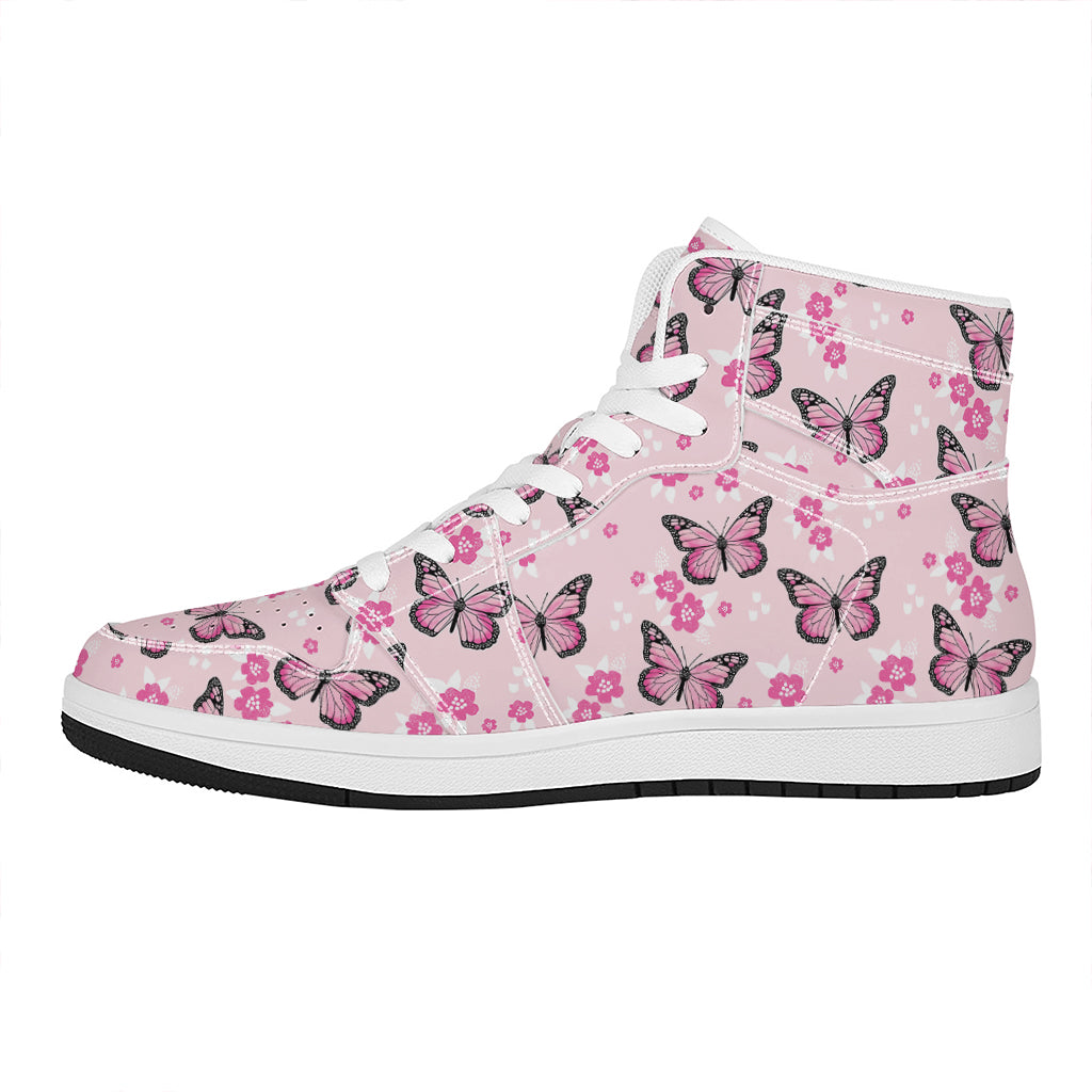 Pink Monarch Butterfly Pattern Print High Top Leather Sneakers