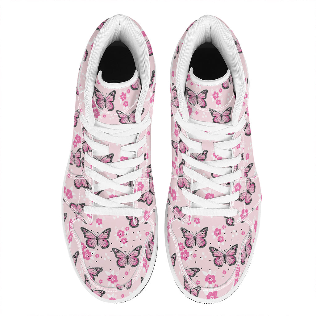 Pink Monarch Butterfly Pattern Print High Top Leather Sneakers