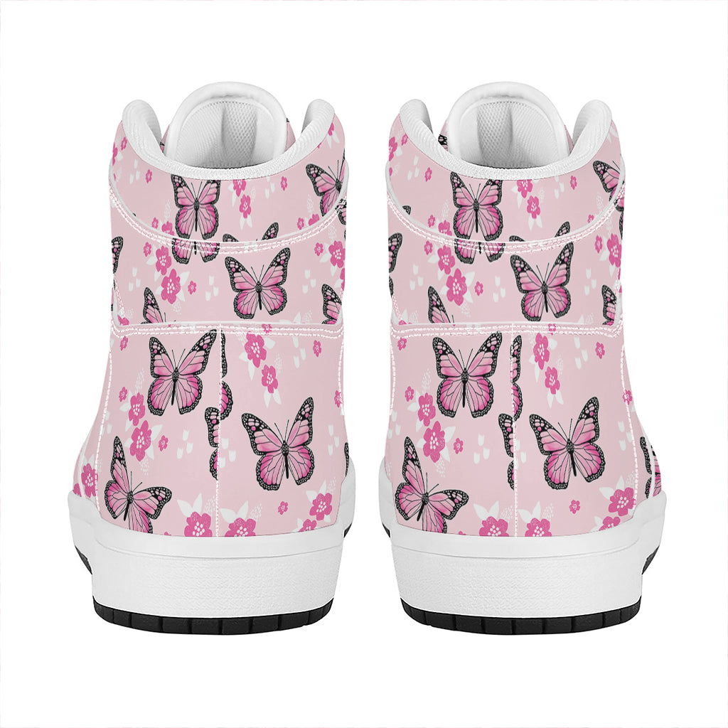 Pink Monarch Butterfly Pattern Print High Top Leather Sneakers