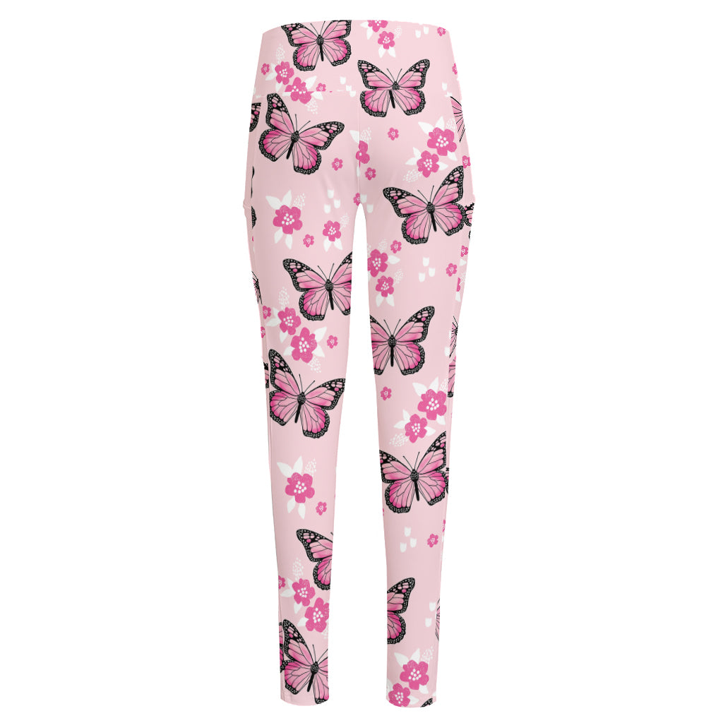 Pink Monarch Butterfly Pattern Print High-Waisted Pocket Leggings