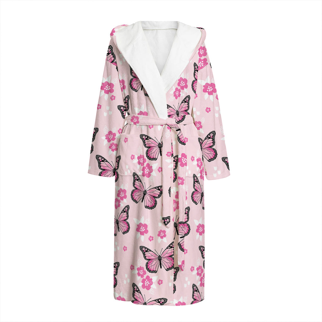 Pink Monarch Butterfly Pattern Print Hooded Bathrobe