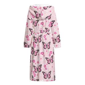 Pink Monarch Butterfly Pattern Print Hooded Bathrobe