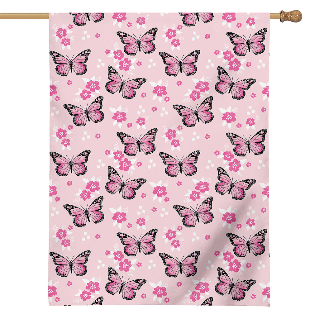 Pink Monarch Butterfly Pattern Print House Flag