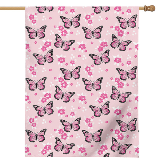 Pink Monarch Butterfly Pattern Print House Flag