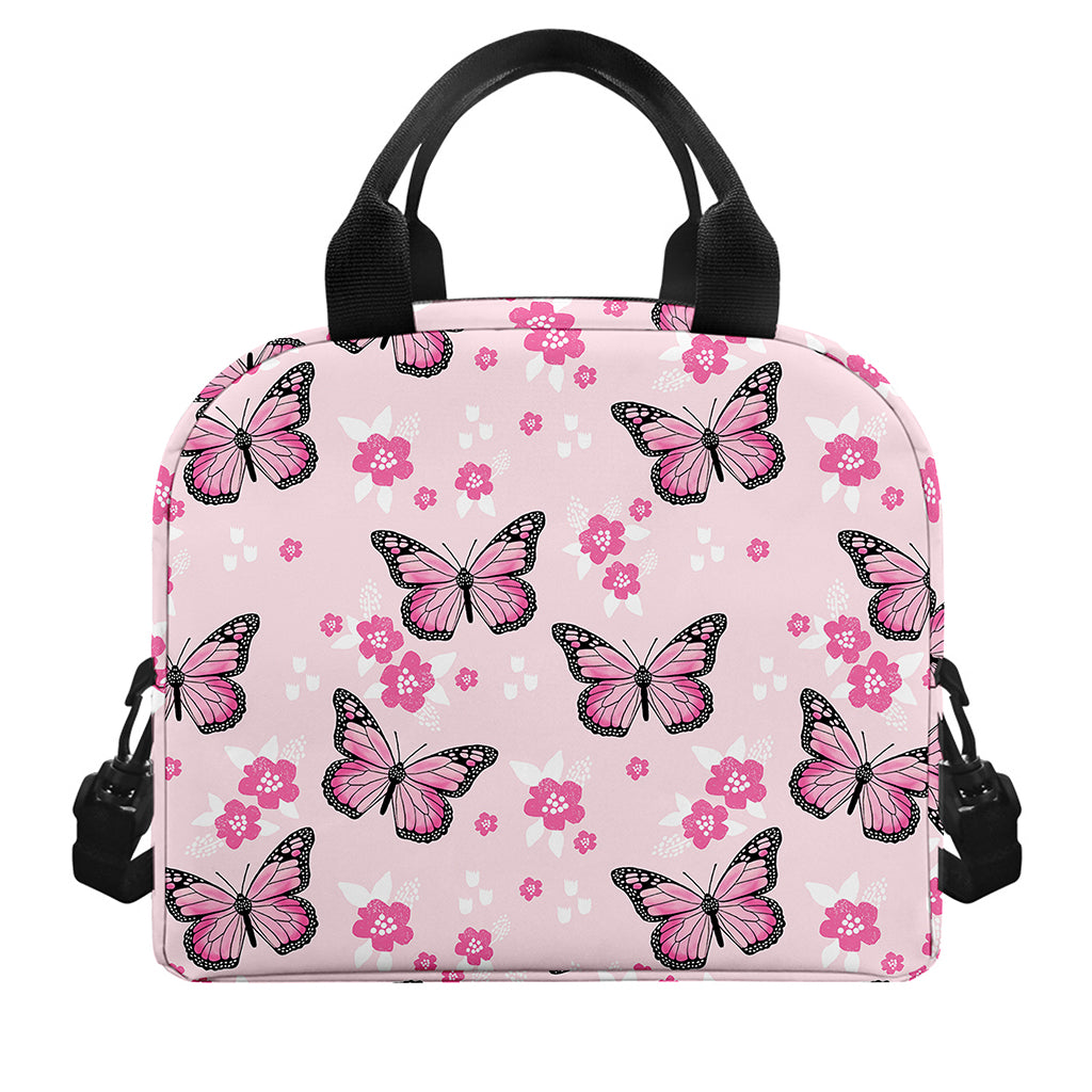 Pink Monarch Butterfly Pattern Print Insulated Lunch Bag