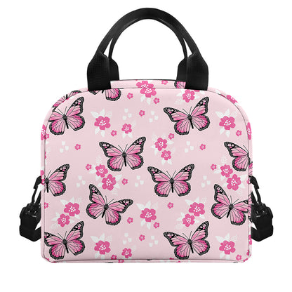 Pink Monarch Butterfly Pattern Print Insulated Lunch Bag