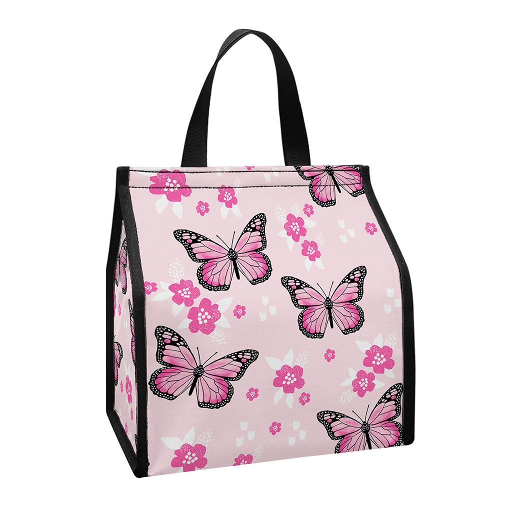 Pink Monarch Butterfly Pattern Print Insulated Lunch Tote