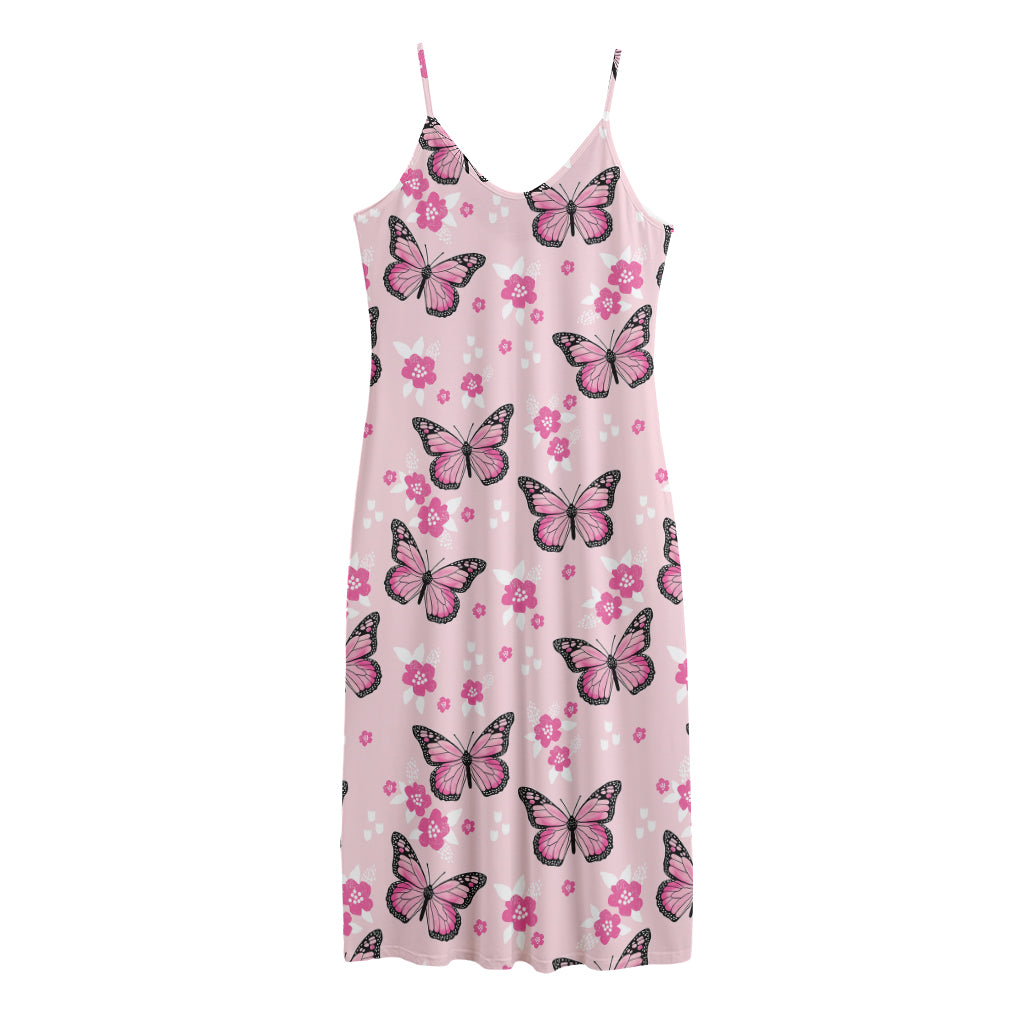 Pink Monarch Butterfly Pattern Print Jersey Midi Cami Dress