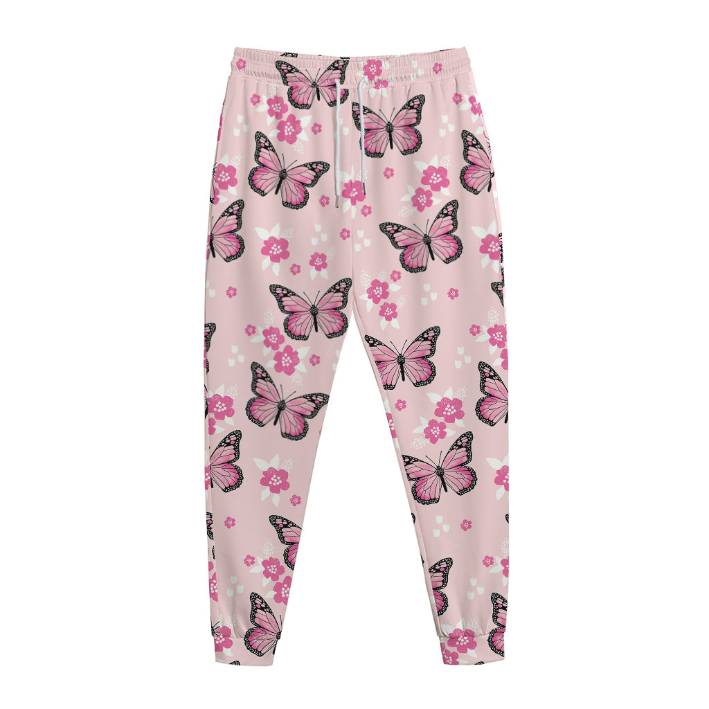 Pink Monarch Butterfly Pattern Print Jogger Pants