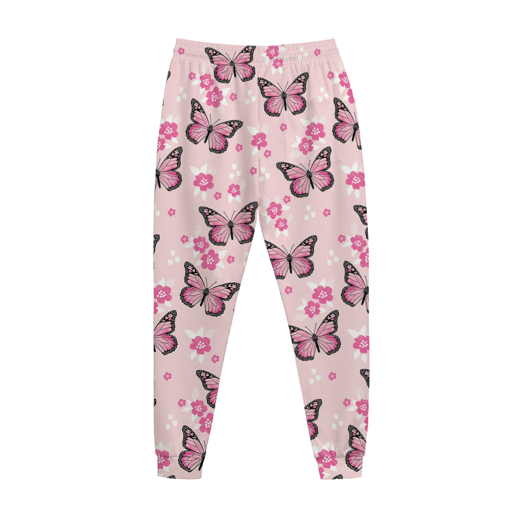 Pink Monarch Butterfly Pattern Print Jogger Pants