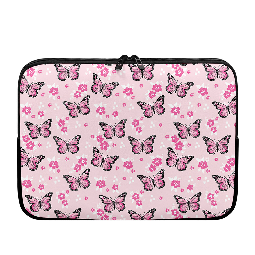 Pink Monarch Butterfly Pattern Print Laptop Sleeve