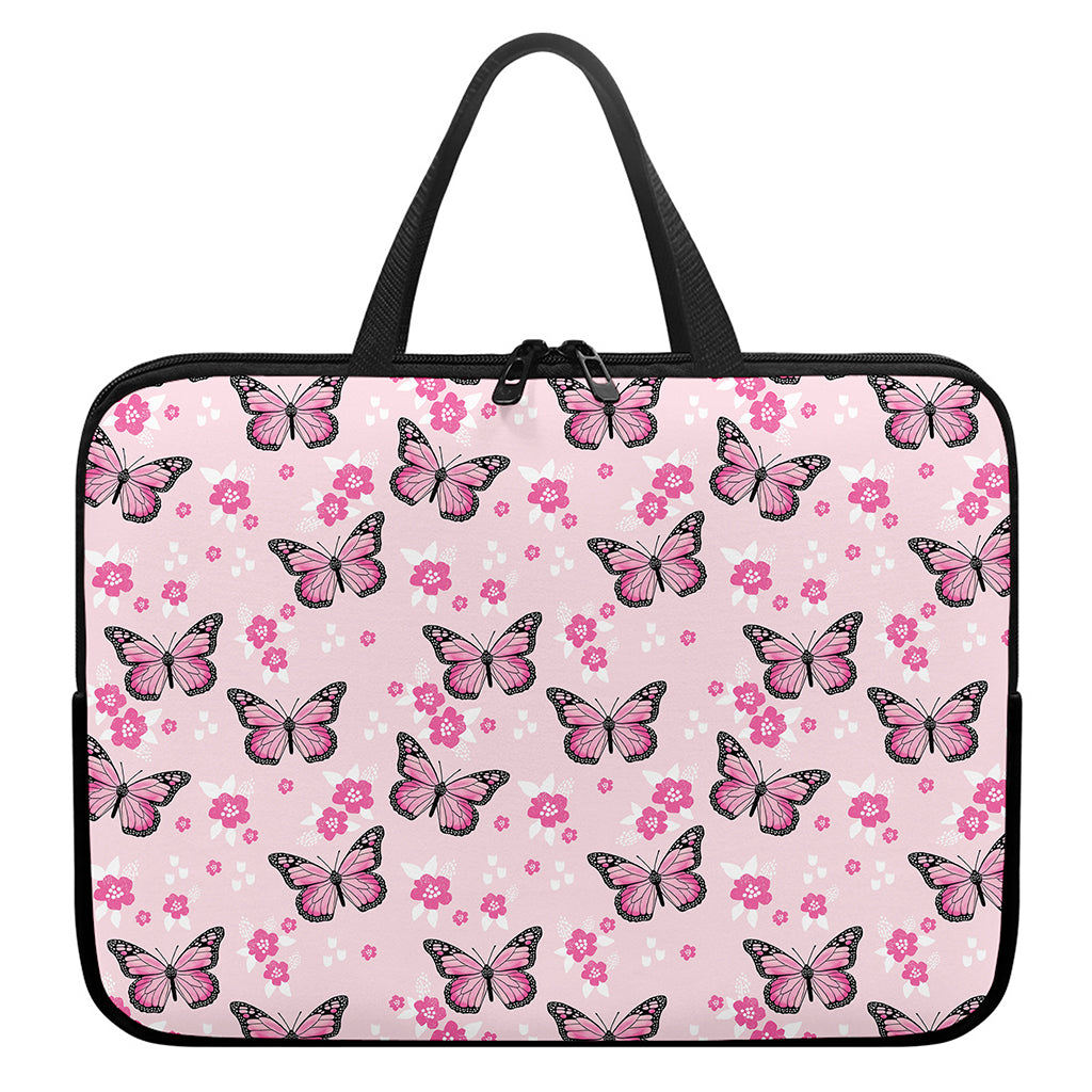 Pink Monarch Butterfly Pattern Print Laptop Sleeve With Handle