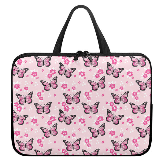 Pink Monarch Butterfly Pattern Print Laptop Sleeve With Handle