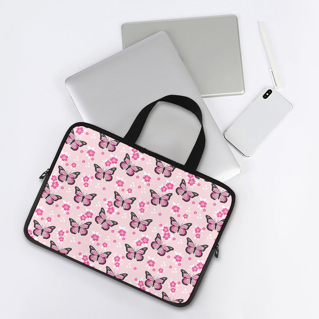 Pink Monarch Butterfly Pattern Print Laptop Sleeve With Handle