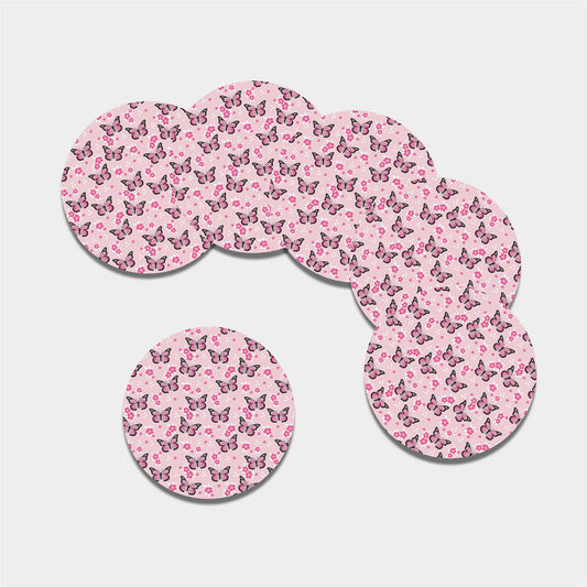 Pink Monarch Butterfly Pattern Print Leather Coaster Set