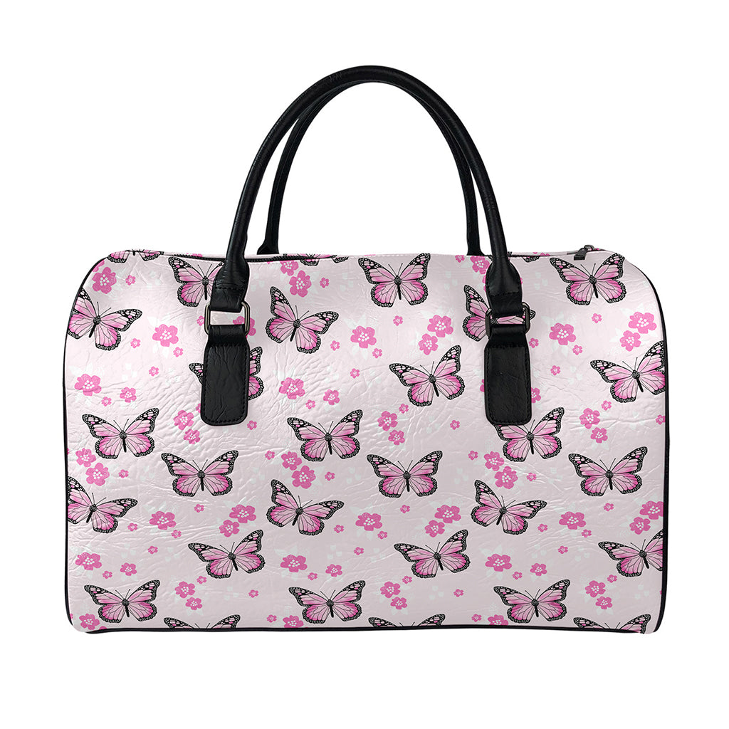 Pink Monarch Butterfly Pattern Print Leather Duffle Bag