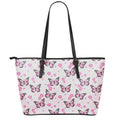 Pink Monarch Butterfly Pattern Print Leather Tote Bag With Zipper