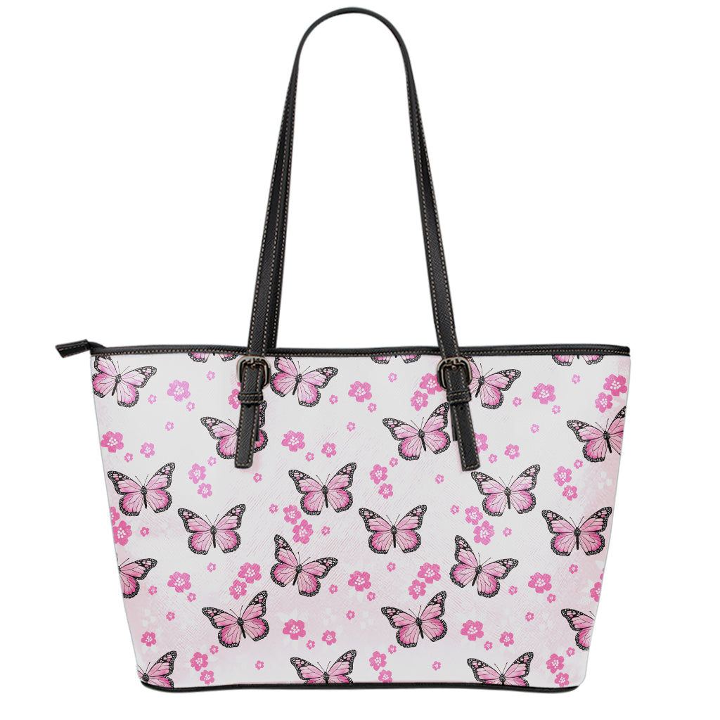 Pink Monarch Butterfly Pattern Print Leather Tote Bag