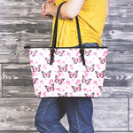 Pink Monarch Butterfly Pattern Print Leather Tote Bag