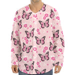 Pink Monarch Butterfly Pattern Print Long Sleeve Baseball Jersey