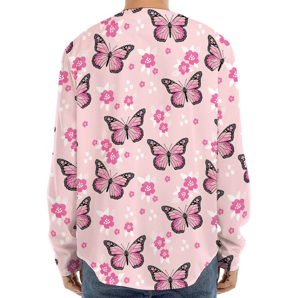 Pink Monarch Butterfly Pattern Print Long Sleeve Baseball Jersey