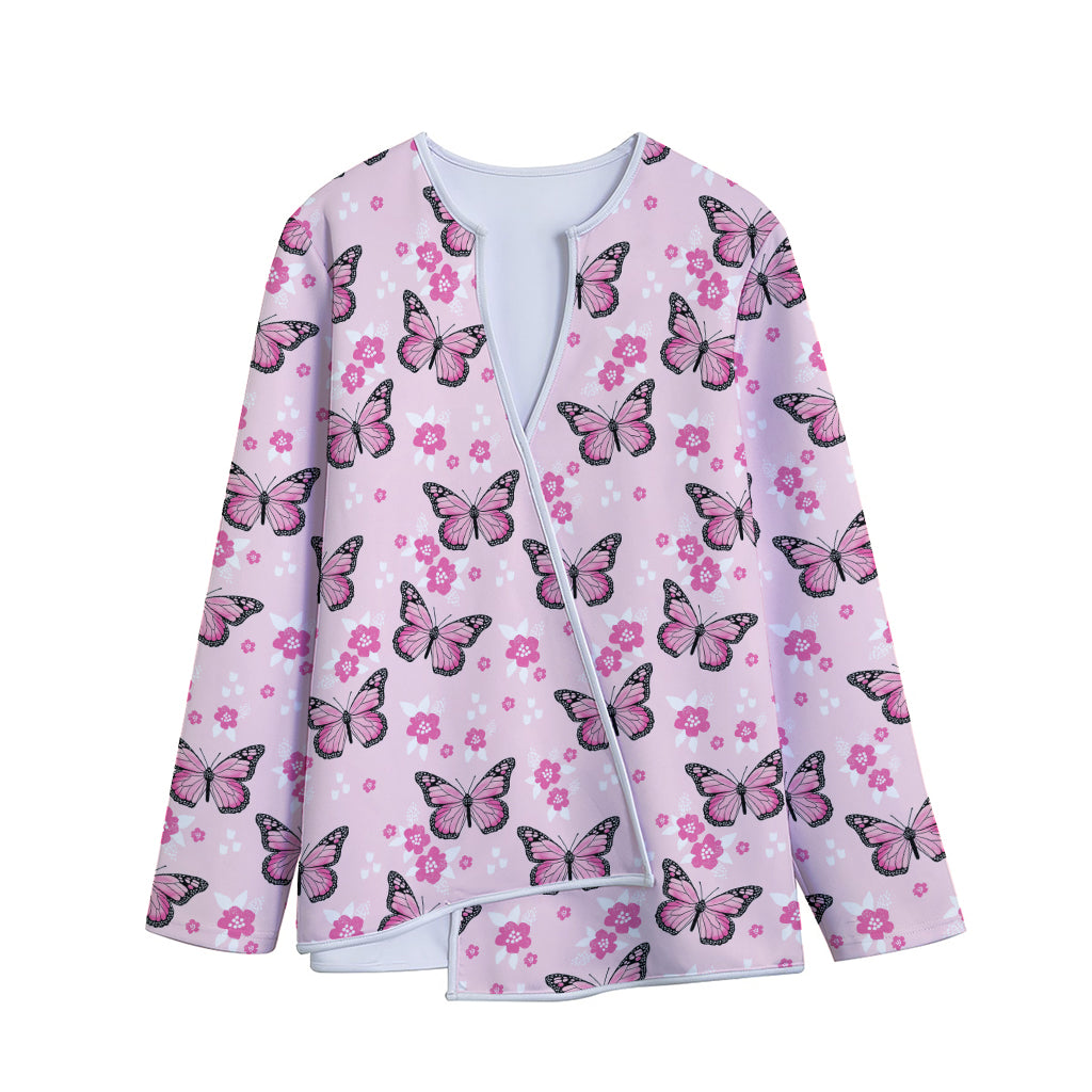 Pink Monarch Butterfly Pattern Print Long Sleeve Short Coat