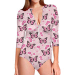 Pink Monarch Butterfly Pattern Print Long Sleeve Swimsuit