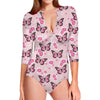 Pink Monarch Butterfly Pattern Print Long Sleeve Swimsuit