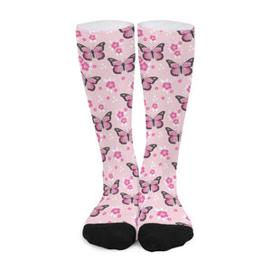 Pink Monarch Butterfly Pattern Print Long Socks